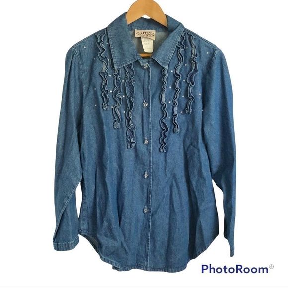 On The Rocks Women Denim Button Up Shirt Fringe Rhinestone Embellishment Size L - Picture 1 of 8